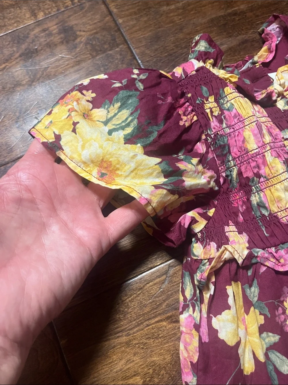Janie and Jack Maroon and Yellow Floral Smocked Tiered Dress, size 12-18 months
